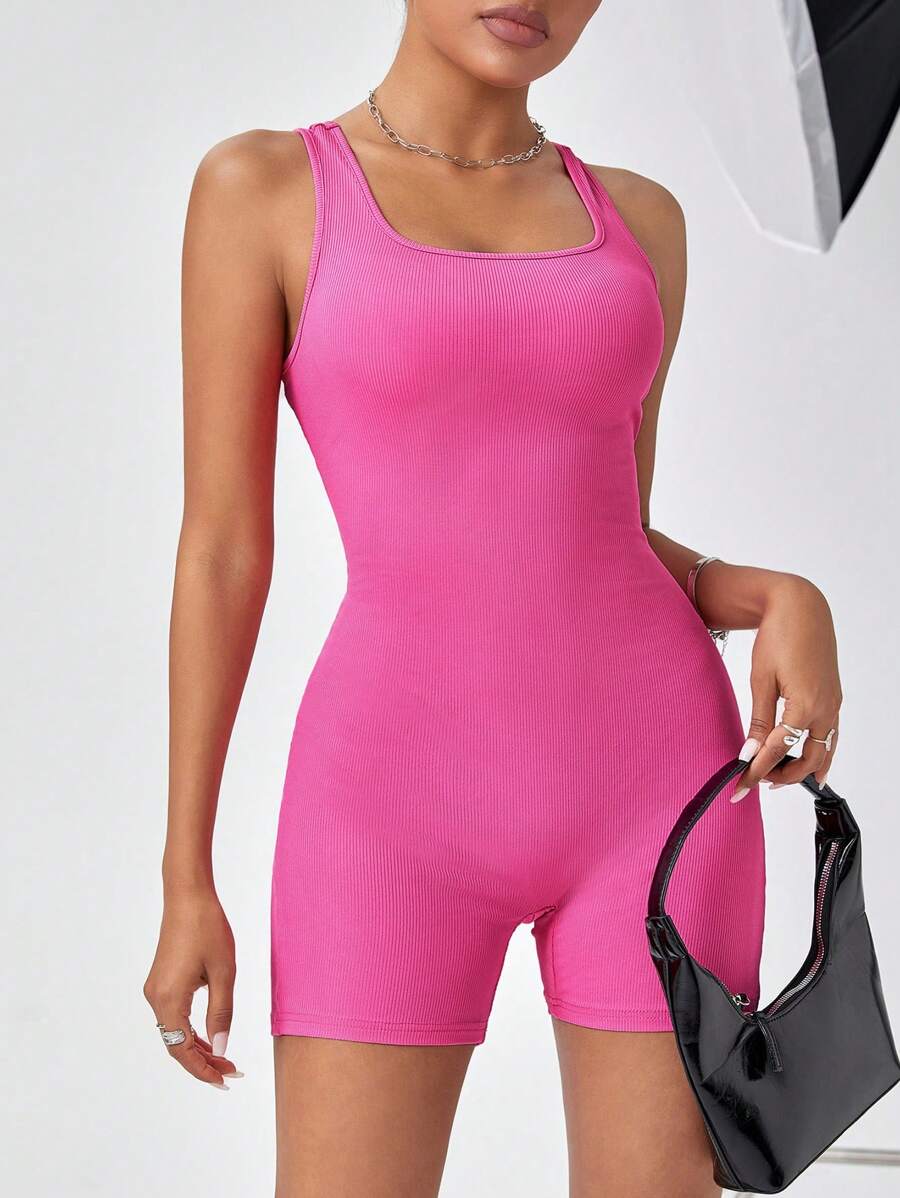 SHEIN Essnce Women'S Sleeveless Short Tight Jumpsuit Unitard - Hot Pink - View 1