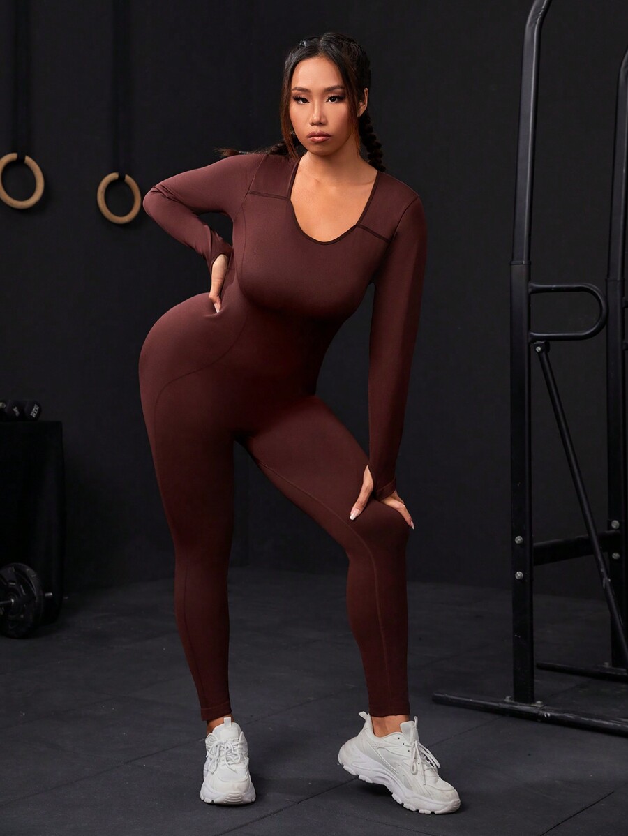 SHEIN Sport Studio Plus Size VNeck Long Sleeve Bodycon Sports Jumpsuit