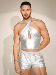FeverCity Men's Cross-Criss Hollow Out Halter Top And Shorts Set