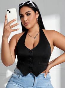 SHEIN EZwear Übergröße, Geknotetes Rückenteil, Mit Knöpfen Versehenes Halter Top - Schwarz - Übersicht 3