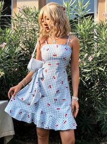 Soleia 露肩連身裙,不對稱下擺繫帶側邊花邊細節 - 藍色 - 查看 3