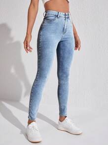 SHEIN SXY Women's High Waist Slim Fit Denim Pants - Medium Wash - View 5