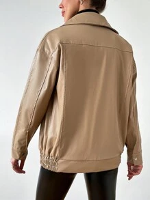 EURMUSE Women'S Drop Shoulder Long Sleeve Leather Jacket - Beige - View 2