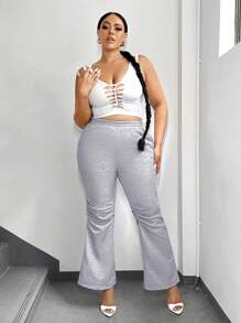 SHEIN SXY Women's Plus Size Elastic Waist Ruched Flared Sweatpants Casual Stacked Pants