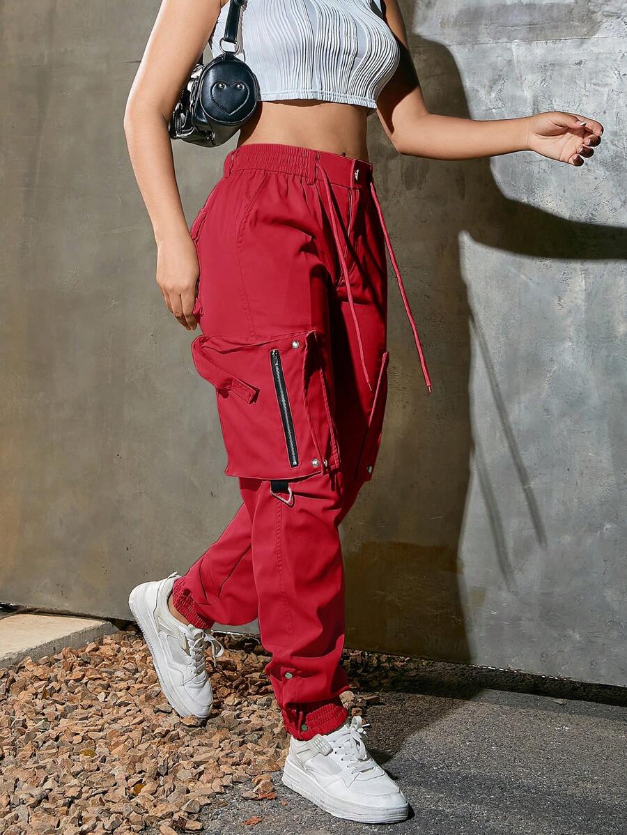 Street Style Flap Pocket Side Drawstring Waist Zipper Detail Button Hem Cargo Jogger Pants - Red - View 1
