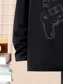 SHEIN Tween Boy 反光遊戲手把和字母圖案連帽 T 卹 - 黑色 - 查看 3