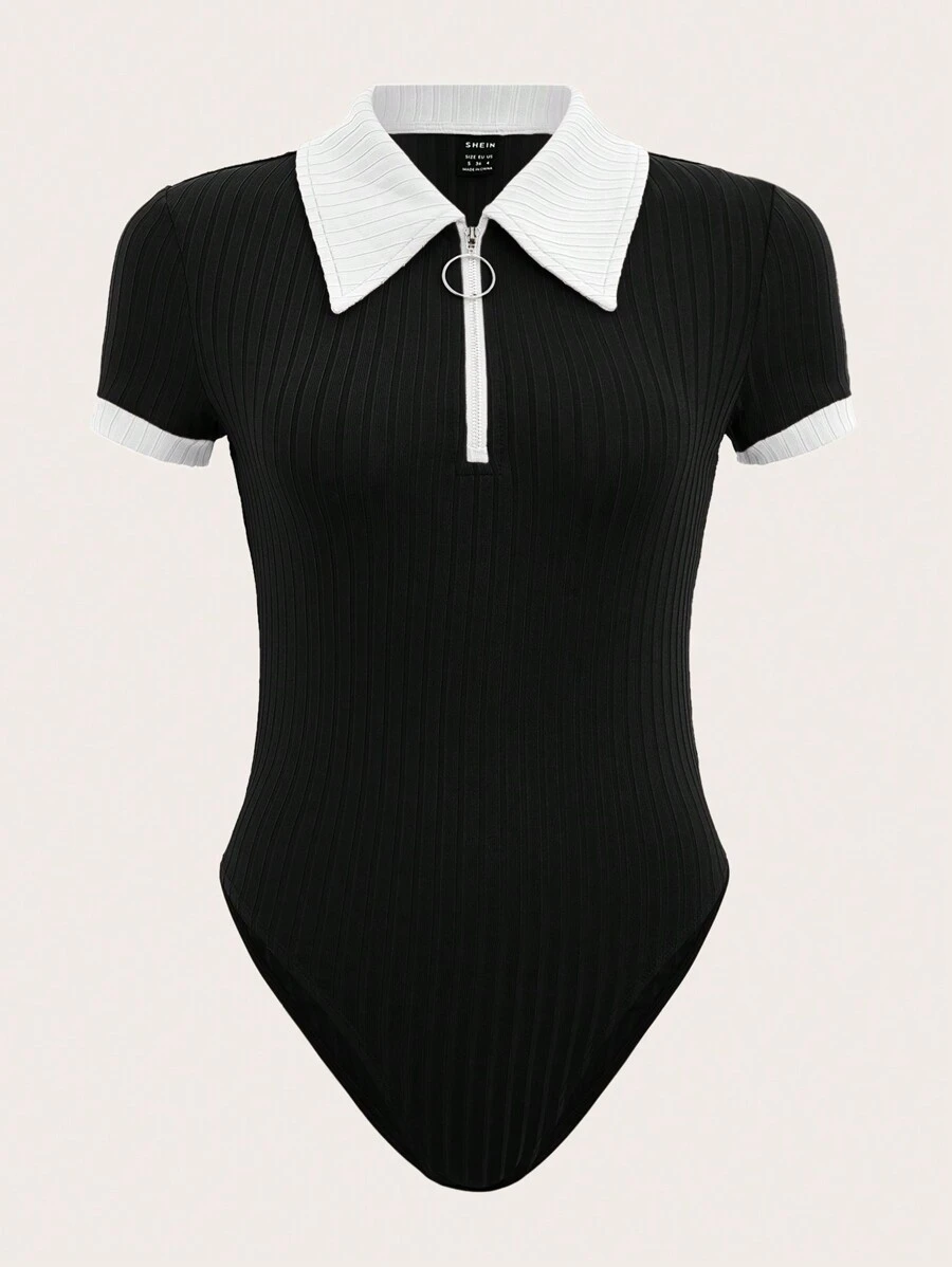 SHEIN EZwear 拼色翻领半拉链针织紧身衣 - 黑與白 - 查看 1