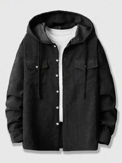 Prep Camisa con capucha de pana con cordón y bolsillo con solapa, sin camiseta, para hombres, escuela