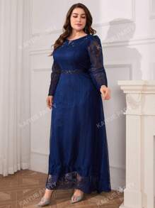 Robe de soirée formelle à manches longues, élégante, pour femmes de grande taille. Robe de mariage pour invité, avec une taille brodée de strass et de maille. Convient pour la remise des diplômes, les dîners