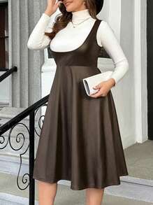 SHEIN Clasi Plus Size Solid Pu Dress - Brown - View 1