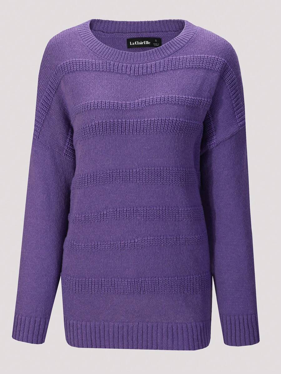 女士純色圓領下滑肩毛衣 - 紫羅蘭色 - 查看 1