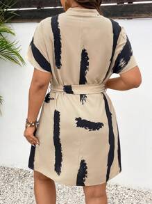 SHEIN Frenchy Plus Size Summer Notched Neckline Batwing Sleeve Dress - Apricot - View 2