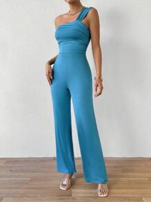Zolique Mono De Un Solo Color Con Cuello Asimétrico - Azul - Ver 3