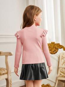 SHEIN 年轻女孩纯色立领盖袖串珠拼接休闲 T 恤 - 粉色 - 查看 2