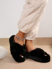 2025新款女士毛绒拖鞋，厚底毛绒一脚蹬拖鞋，室内外均可穿着，防滑，秋冬，毛茸茸的鞋子 - 黑色 - 查看 2