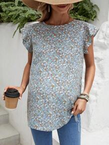 SHEIN Maternity Floral Print Ruffle Hem Blouse - Green - View 1