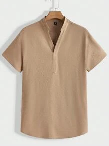 Manfinity VCAY Loose-Fit Men's Solid Color T-Shirt And Pants Plain Casual Set, Going Out - Khaki - View 5