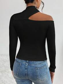 SHEIN PETITE Women's Stand Collar Hollow Out Long Sleeve T-Shirt