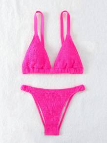 SHEIN Swim Women'S Solid Color Shirred Bikini Set Summer - Hot Pink - View 5