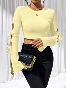 SHEIN Privé 純色中空短袖短上衣 - 黃色 - 查看 1