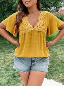 Flirla Plus Size Women'S Lace Patchwork Butterfly Sleeve Blouse - Yellow - View 3