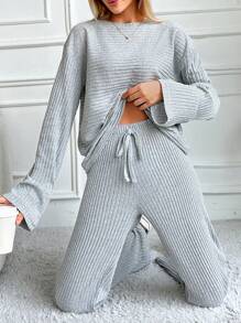 EURMUSE Women's Solid Color Ribbed Knitted 2 Pieces Set - Grey - View 4