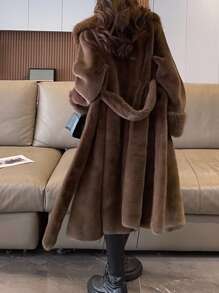 Solid Belted Fuzzy Coat - Coffee Brown - View 2
