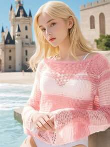 SHEIN Unity Women's Hollow Out Knitted Crop Sweater Fall Winter - Pink - View 1