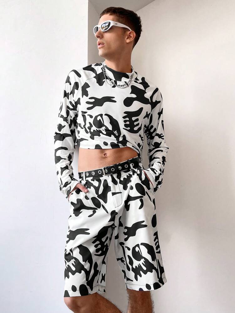 Men'S Printed Crop Top And Shorts Set Without Belt