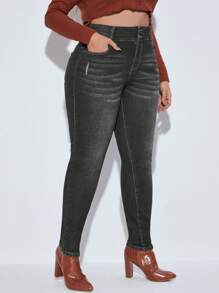 SHEIN SXY Kích thước lớn Nước Rửa Quần jean ôm - Xám - Xem 4