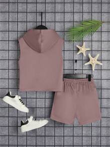 SHEIN 男童无袖连帽上衣搭配抽绳短裤，舒适休闲套装 - 藕粉色 - 查看 2
