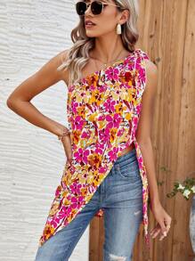 SHEIN LUNE 側開衩花卉印花不對稱下擺襯衫 - 彩色 - 查看 5