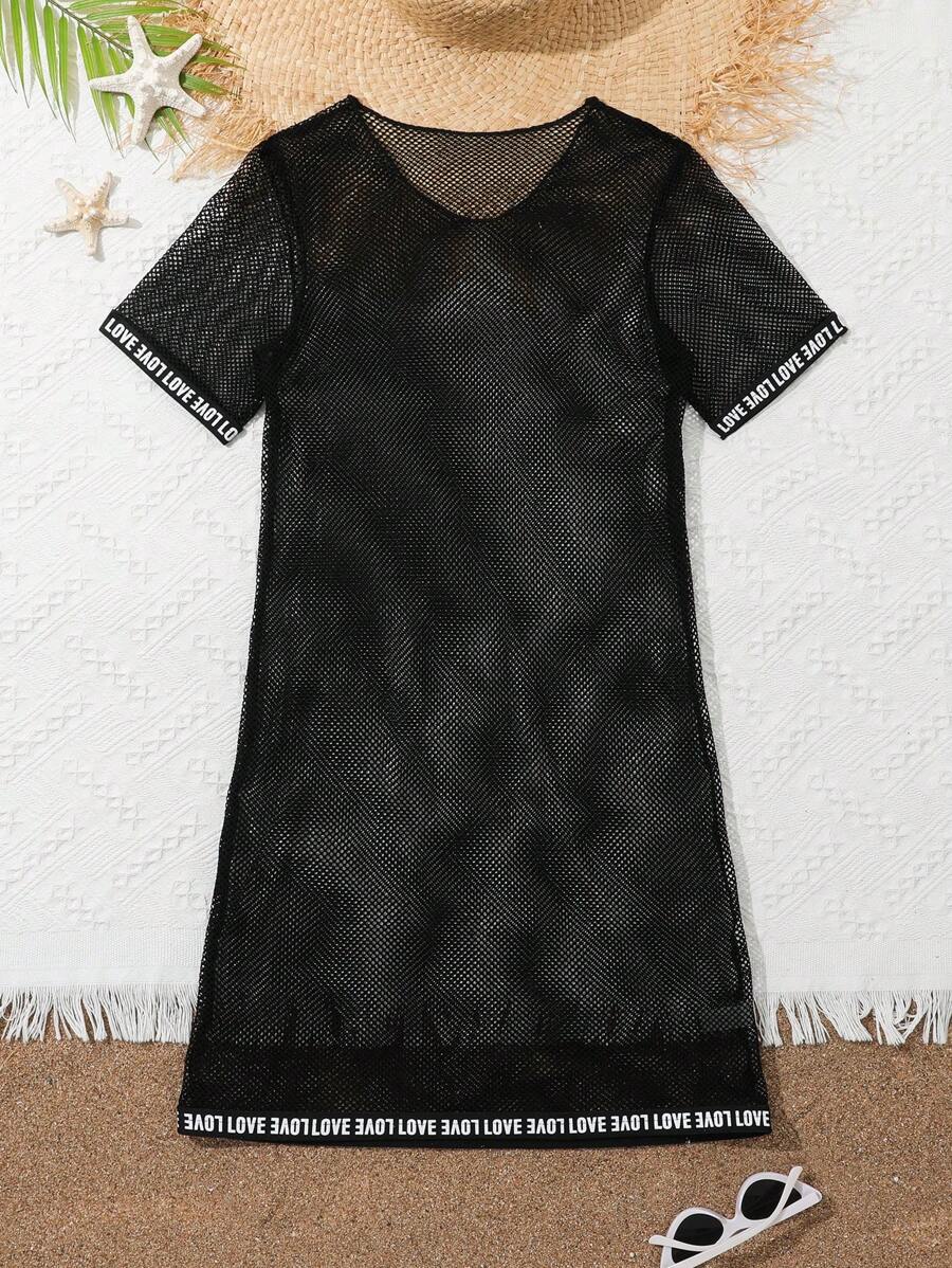 青少年女孩短袖遮陽裙,採用大字母和織帶設計 - 黑色 - 查看 1