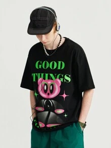 INFLATION Men's Cartoon & Slogan Print Drop Shoulder T-Shirt