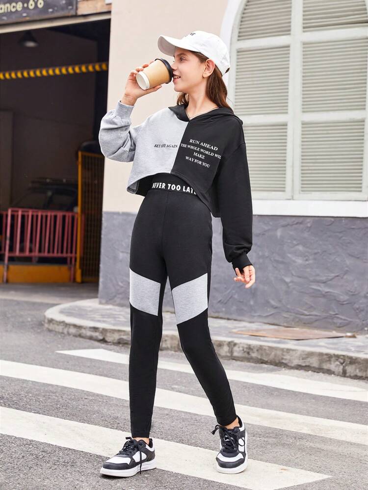 Tween Girls' Color Block Slogan Printed Hooded Cropped Sweatshirt With Solid Color Tank Top And Color Block Pants, 3pcs/Set