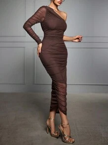 EURMUSE Women's Solid Color Ruched Fitted One-Shoulder Long Sleeve Dress - Chocolate Brown - View 3