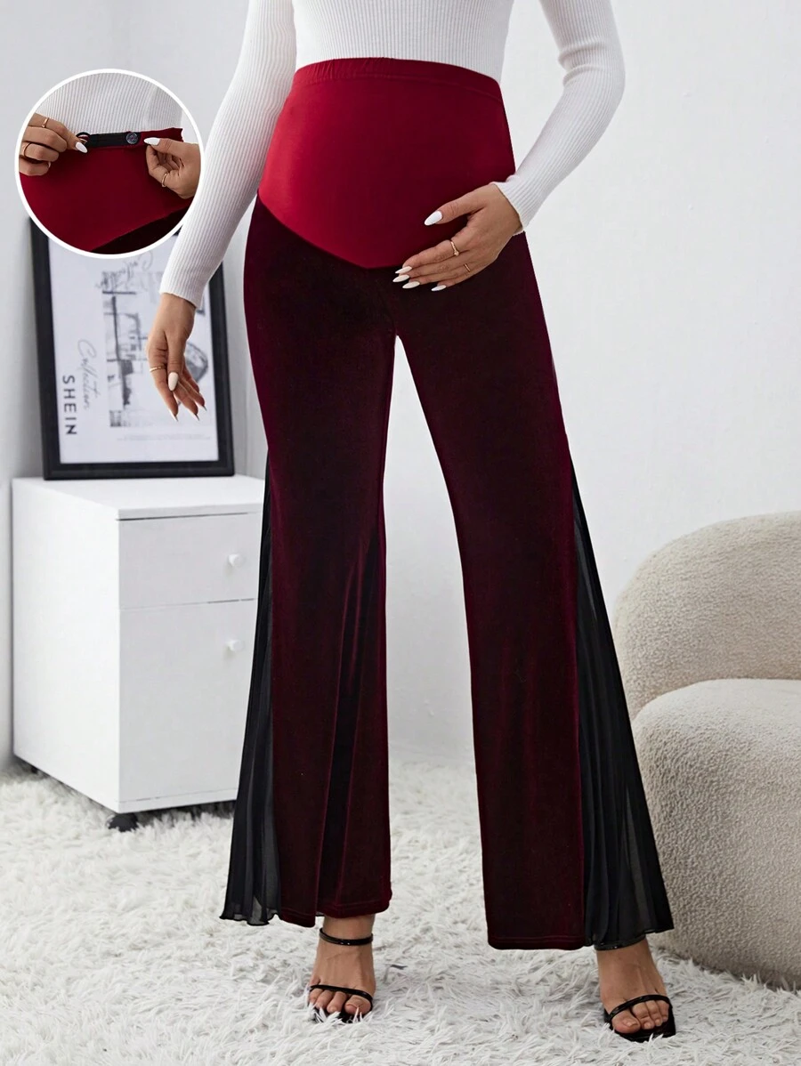 SHEIN Pantalones acampanados con bloqueo de color y cintura ajustable para mujeres embarazadas - Burdeos - Ver 1