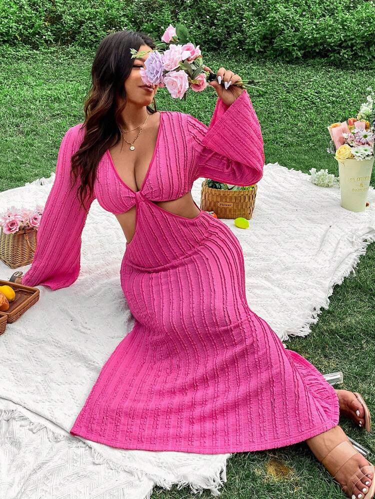 Plus Size Women's Textured Hollow Out Waist One-Piece Dress
