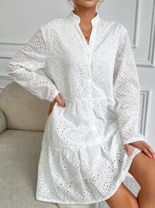 RueChic Solid Color Hollow Out Embroidered Notched Neckline Dress - White - View 1