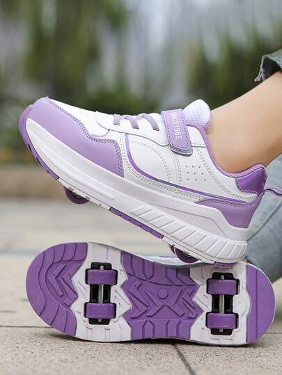 Teenagers' Autumn & Winter Colorblock Reinforced Four Wheel Roller Skates With Adjustable Straps And Detachable Wheels, For Walking And Skating