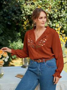 SHEIN Frenchy Plus Size Floral Embroidery Long Sleeve Shirt Fall - Rust Brown - View 5