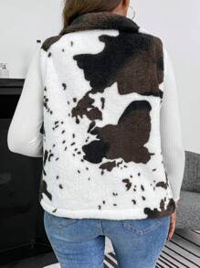 SHEIN LUNE Plus Cow Pattern Zipper Teddy Vest Jacket, For Winter Fall Autumn - Multicolor - View 3