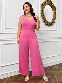 SHEIN Privé Elegant Halter Neck And Drawstring Waist Design Plus Size Jumpsuit For Women, Long Length - Pink - View 7