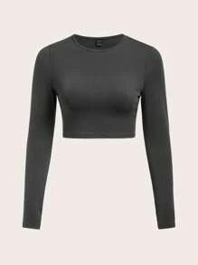 SHEIN BASICS Round Neck Long Sleeve Cropped T-Shirt - Grey - View 1