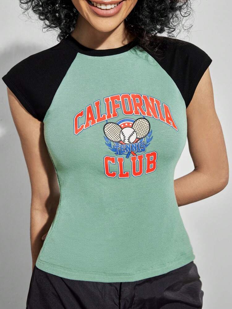 Color Block Patchwork Slim Fit Athletic Style Letter Printed Women's T-Shirt With Raglan Sleeve Design