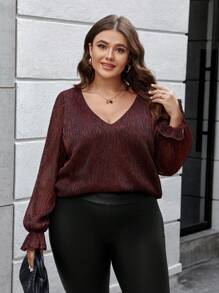 SHEIN Frenchy Plus Size Women'S Shiny Ruffle Sleeve Shirt - Red - View 5