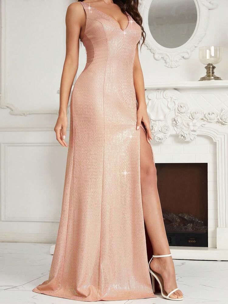 Sequined, Deep V, High Slit Women's Evening Dress