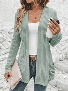 EMERY ROSE Quý cô Màu thuần Rib Nghề thêu Stitch Đan Phù hợp thường Áo len Mở - màu xanh lá - Xem 4