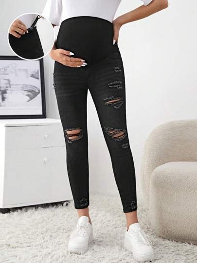 SHEIN Pregnant Women's High Elastic Knitted Belly Wrap Casual Fashion Water Wash Ripped Jeans Leggings For Maternity