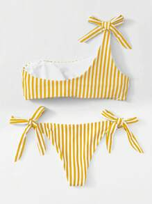 Swim Vcay Summer Beach Striped One Shoulder Tie Side Bikini Set - Multicolor - View 2